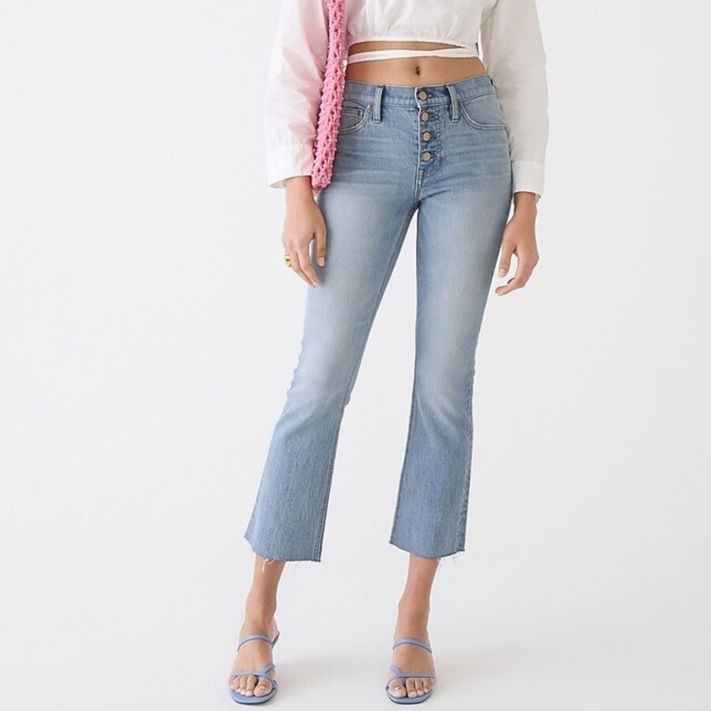 J.Crew Demi Boot Kick Crop Jeans Light Wash Button Fly Womens Sz 26 Raw Hem